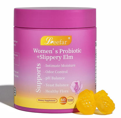 LEEFAR Her Juicy Feminine Probiotics Gummies - All-in-One Solution with Slippery Elm and Prebiotics for Women's pH Balance and Comfort - Delicious Hawaiian Pineapple Flavor, 60 Count