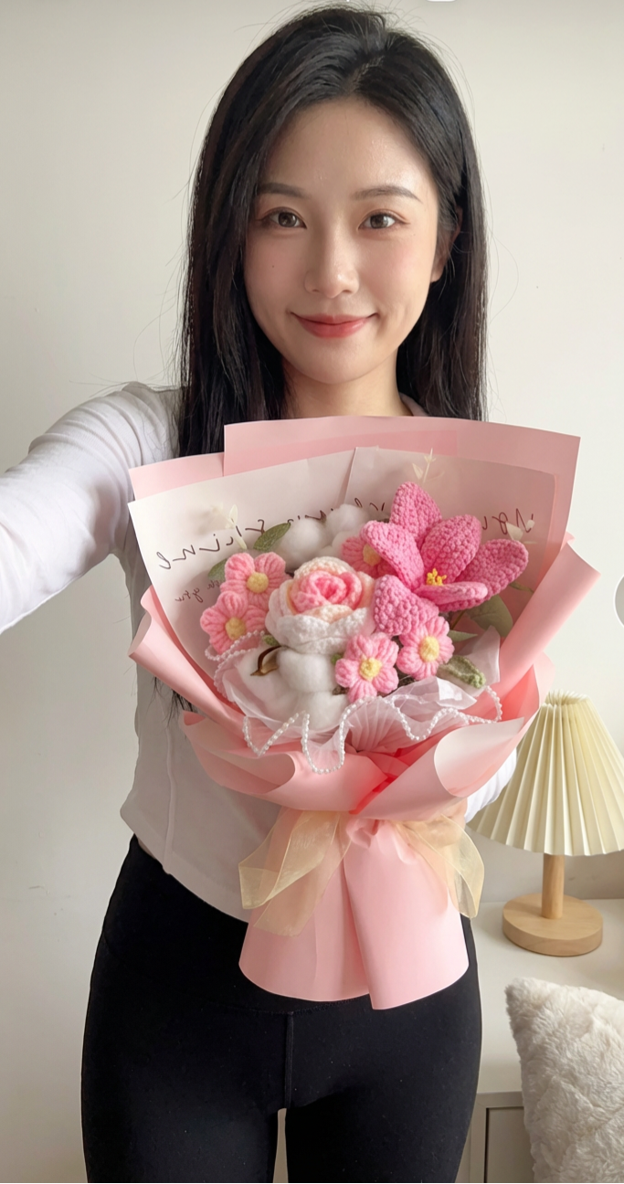 Rose and tulip knitted bouquet